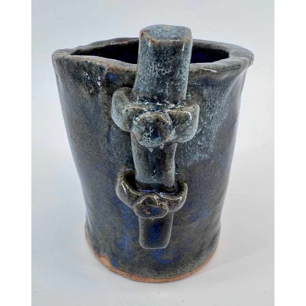 Handmade Ceramic Mug Dark Blue Glaze Textured Handle Pottery Drinkware Bamboo - Picture 7 of 13